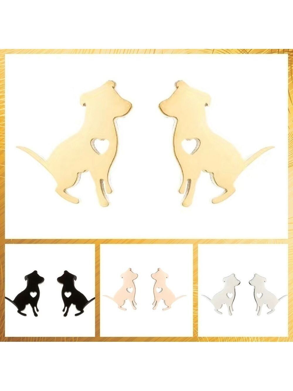 Dog Pitbull and Heart Stainless Steel Stud Earrings #812 (Color: gold)